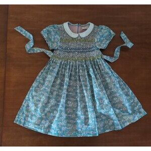 Mini Boden Girls short sleeve smocked floral tie dress size 7/8 128 CM "RARE"